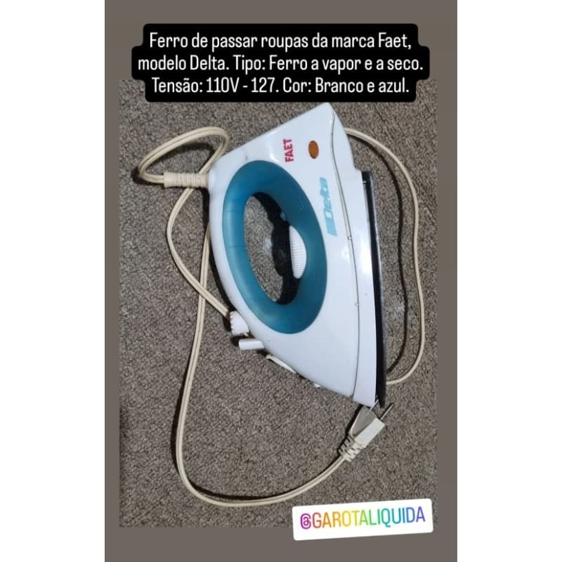 Ferro de passar roupas da marca Faet, modelo Delta. Tipo: Ferro a vapor e a seco. usado