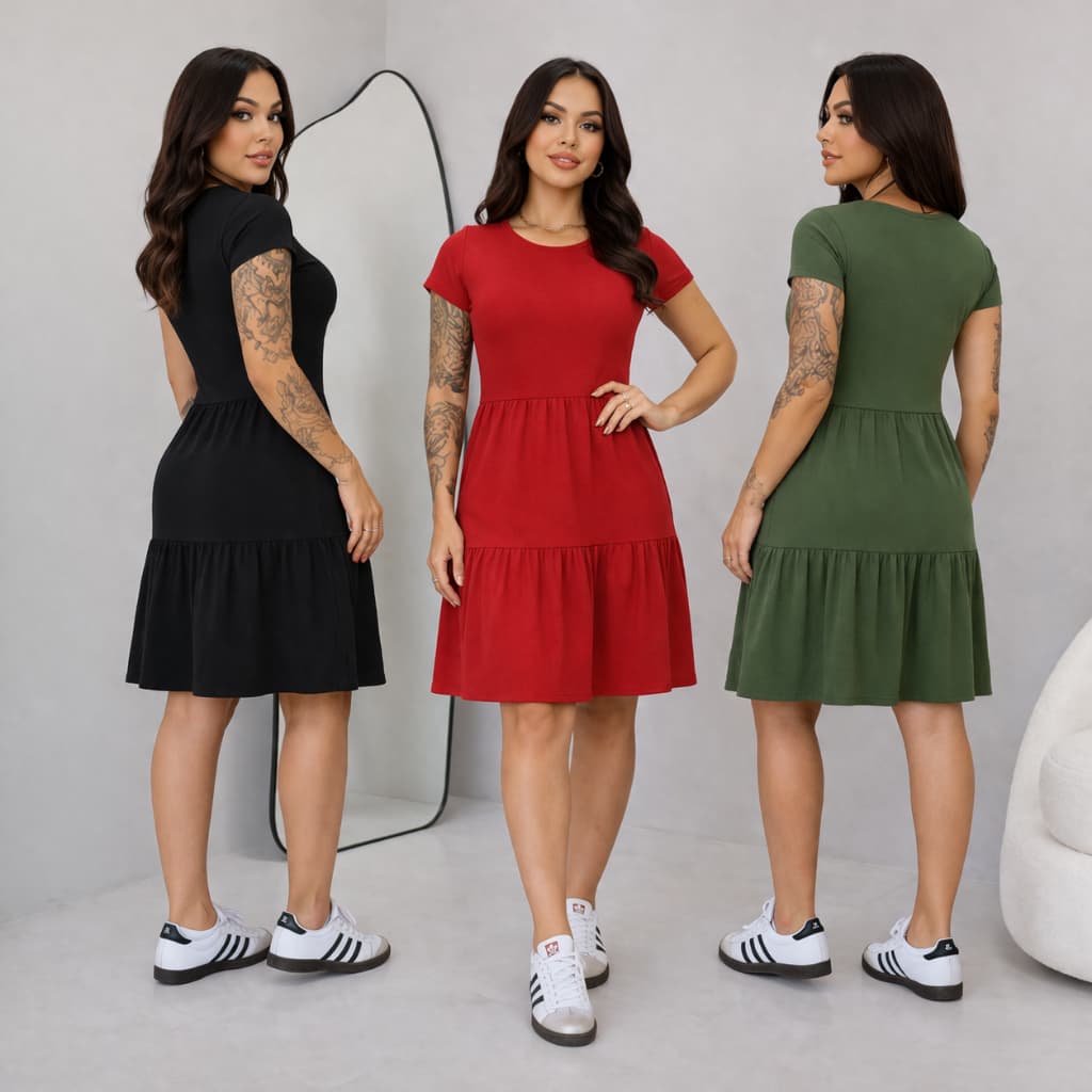 Vestido Feminino Midi Três Marias Curto em Malha Moda Feminina Confortável Casual Rodado Manga Curta