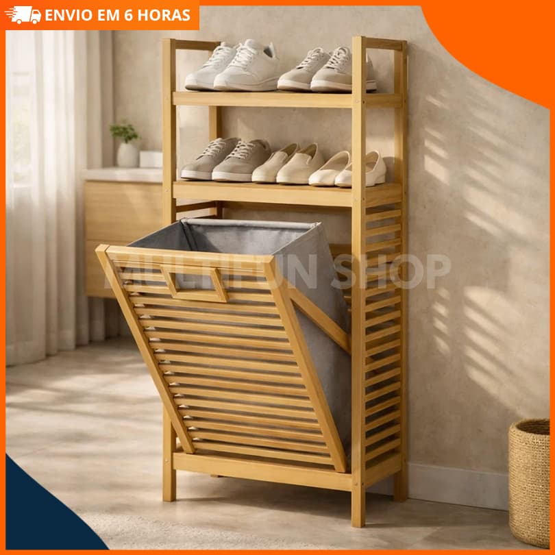SAPATEIRA ORGANIZADOR DE SAPATOS COM CESTO FEITO EM BAMBU  - MULTIFUNCIONAL IDEAL PARA BANHEIRO QUARTO LAVANDERIA