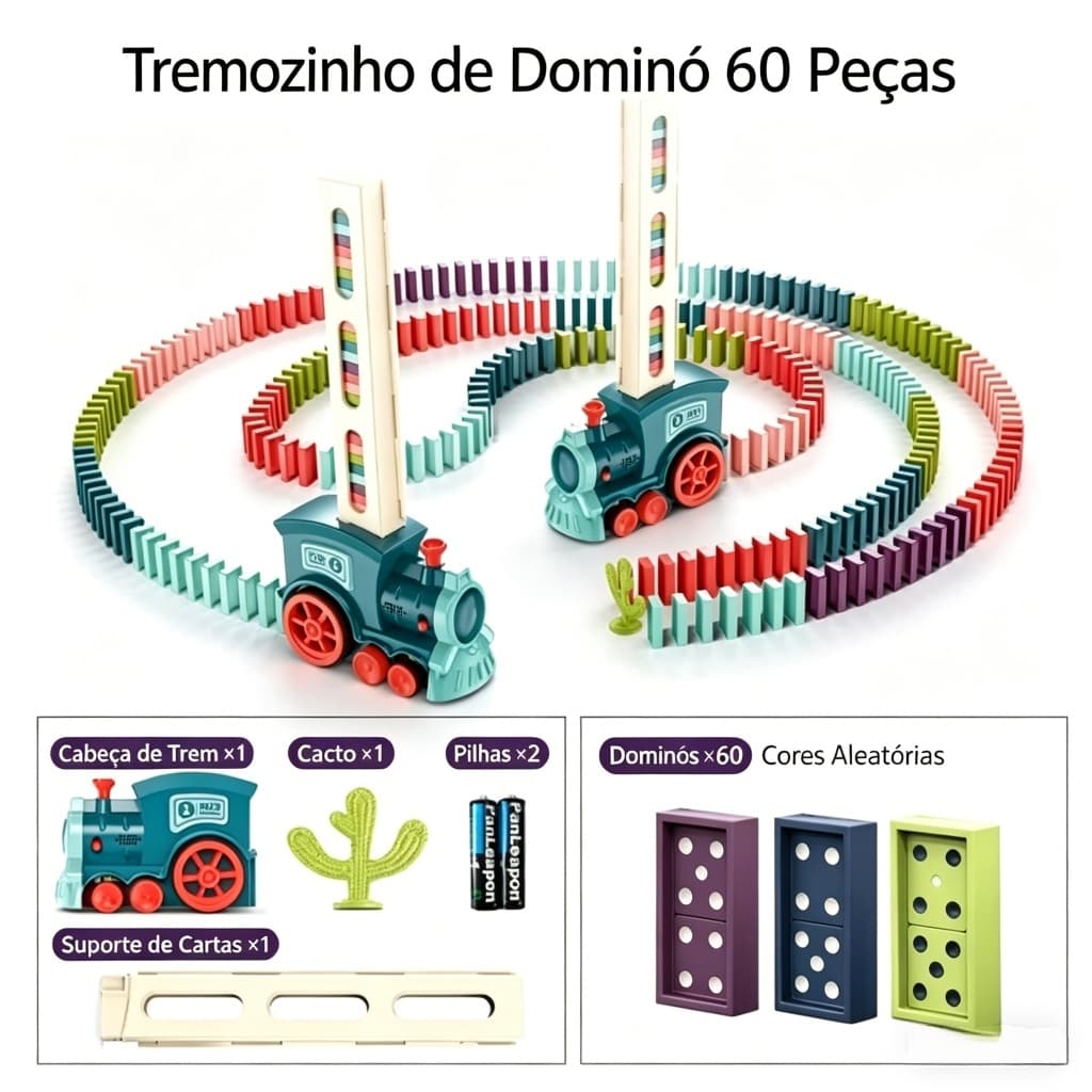 Trem de Brinquedo para Empilhar Dominós, com Luz e Som, 60 Dominós, Brinquedo Inteligente Educativo para Crianças
