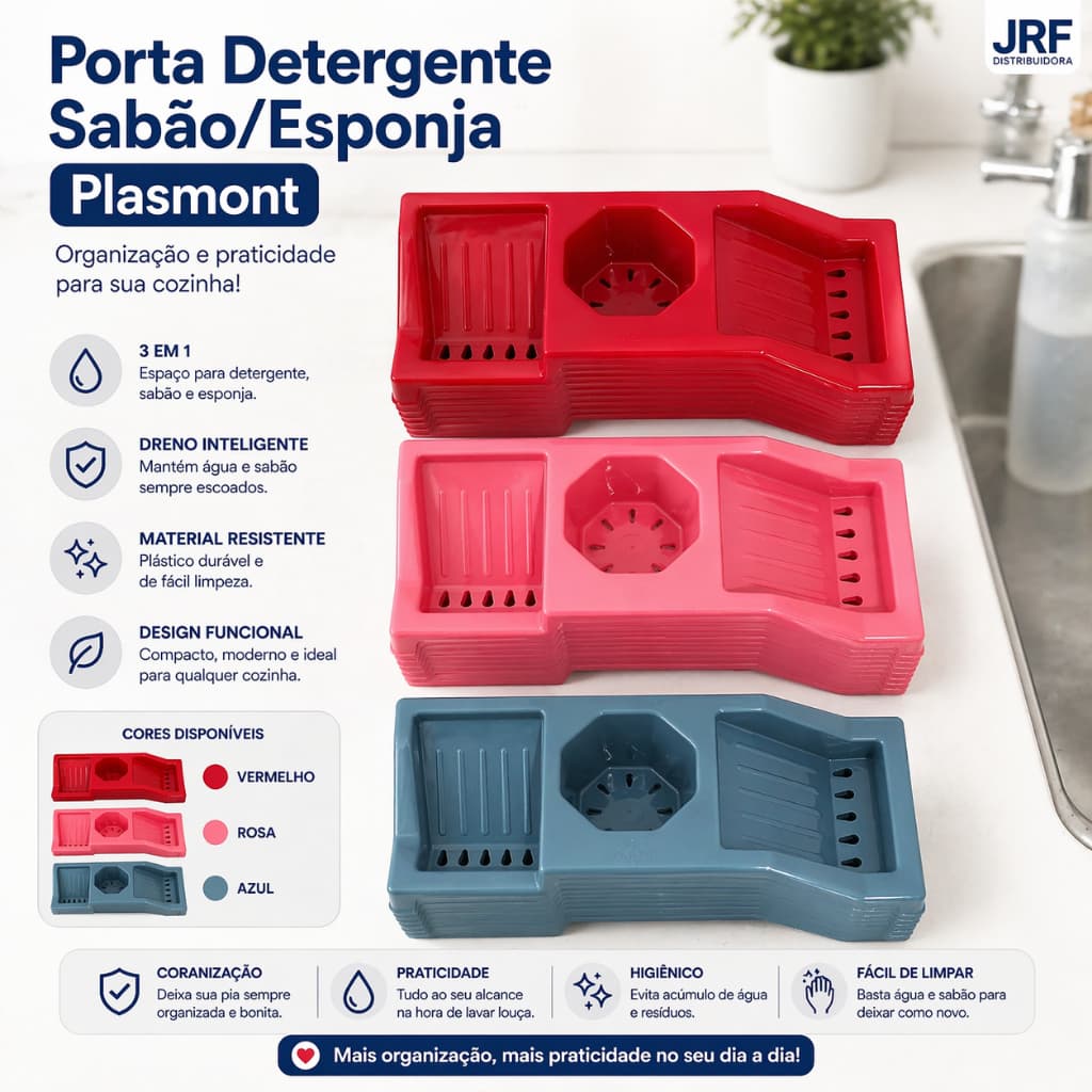 Porta Detergente Sabão e Esponja Plasmont Organizador de Pia Cozinha com Dreno Suporte Multiuso