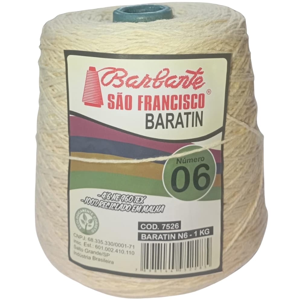 Barbante BARATIN nº06 1kg . Amarelo bebê - Algodão reciclado. Linha Para Crochê. Tapete Crochê.
