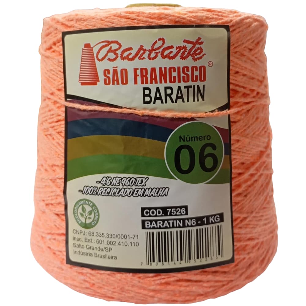 Barbante BARATIN nº06 1kg . Salmão - Algodão reciclado. Linha Para Crochê. Tapete Crochê.