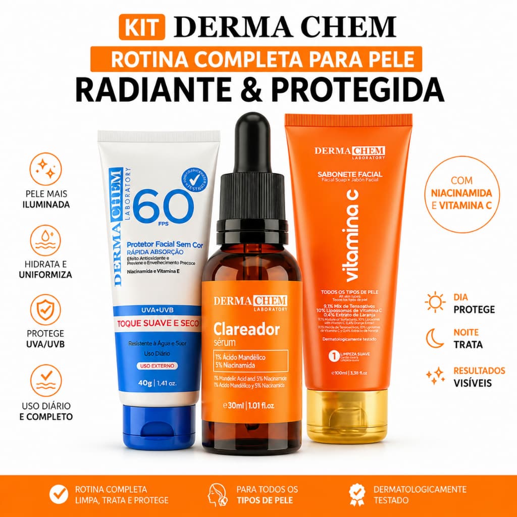 Kit Facial DermaChem Completo Sérum Clareador + Sabonete Vitamina C + Protetor Solar FPS 60