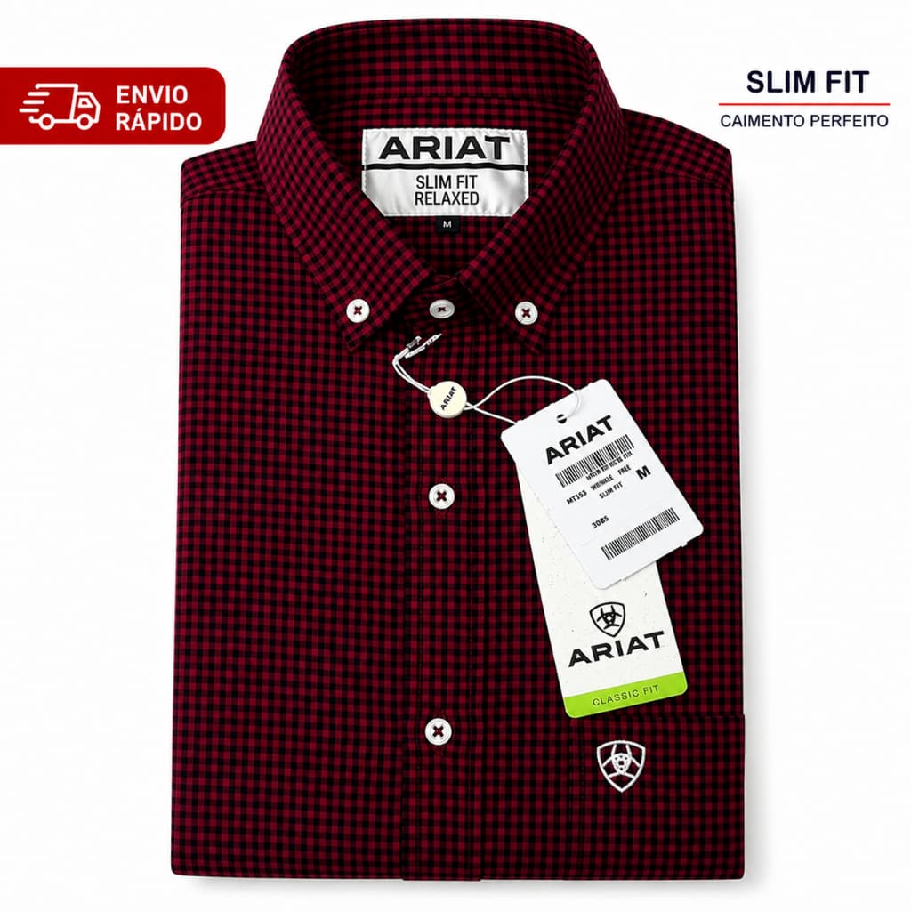 Camisa Country Masculina Xadrez Vermelha Ariat Slim Fit Algodão Premium Cowboy Rodeio Social