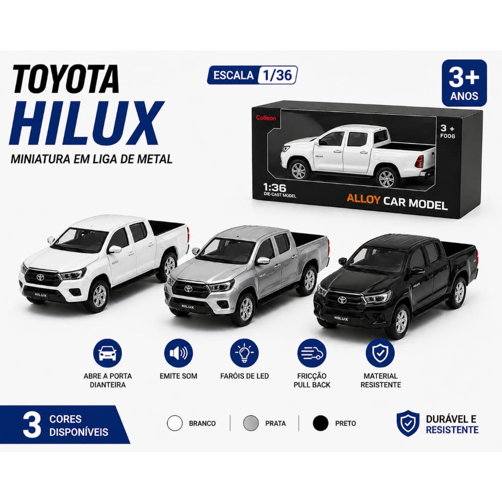Miniatura Caminhonete Hillux Fricção Toyota Carrinho Carro Escala 1:36 c/Caixa Som Luz Coleção Metal