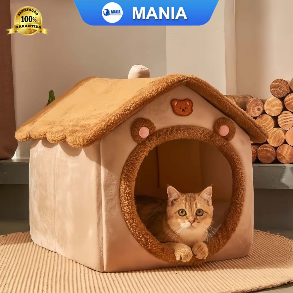 Cama de gato tipo casinha, pelúcia macia, quente e confortável para gatos descansarem