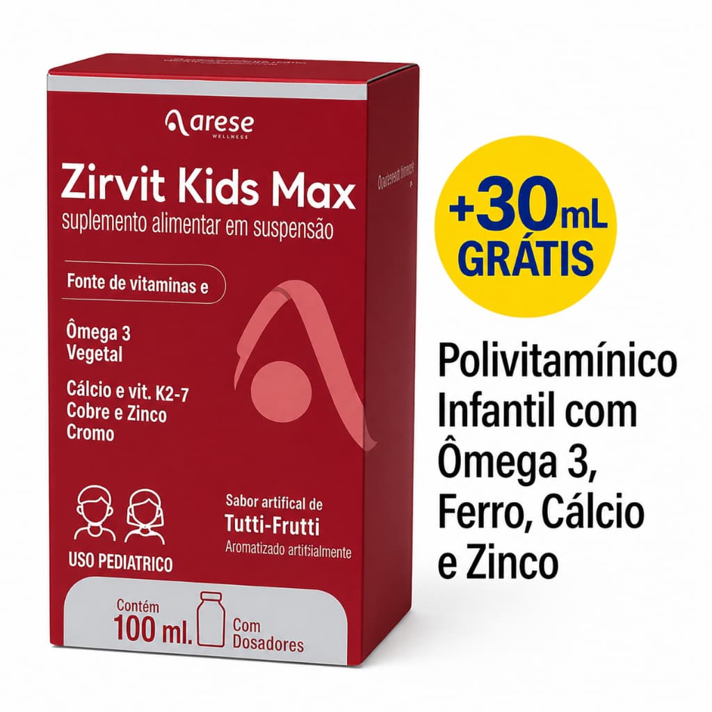Zirvit Kids Max 100ml + 30ml Grátis | Polivitamínico Infantil c/ Ômega 3, Ferro, Cálcio e Zinco