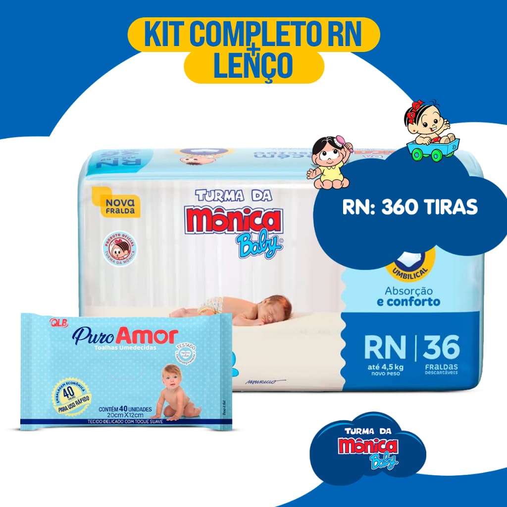 Fralda Descartável RN Turma da Mônica 10 pacotes + 1 Lenço Umedecido Infantil
