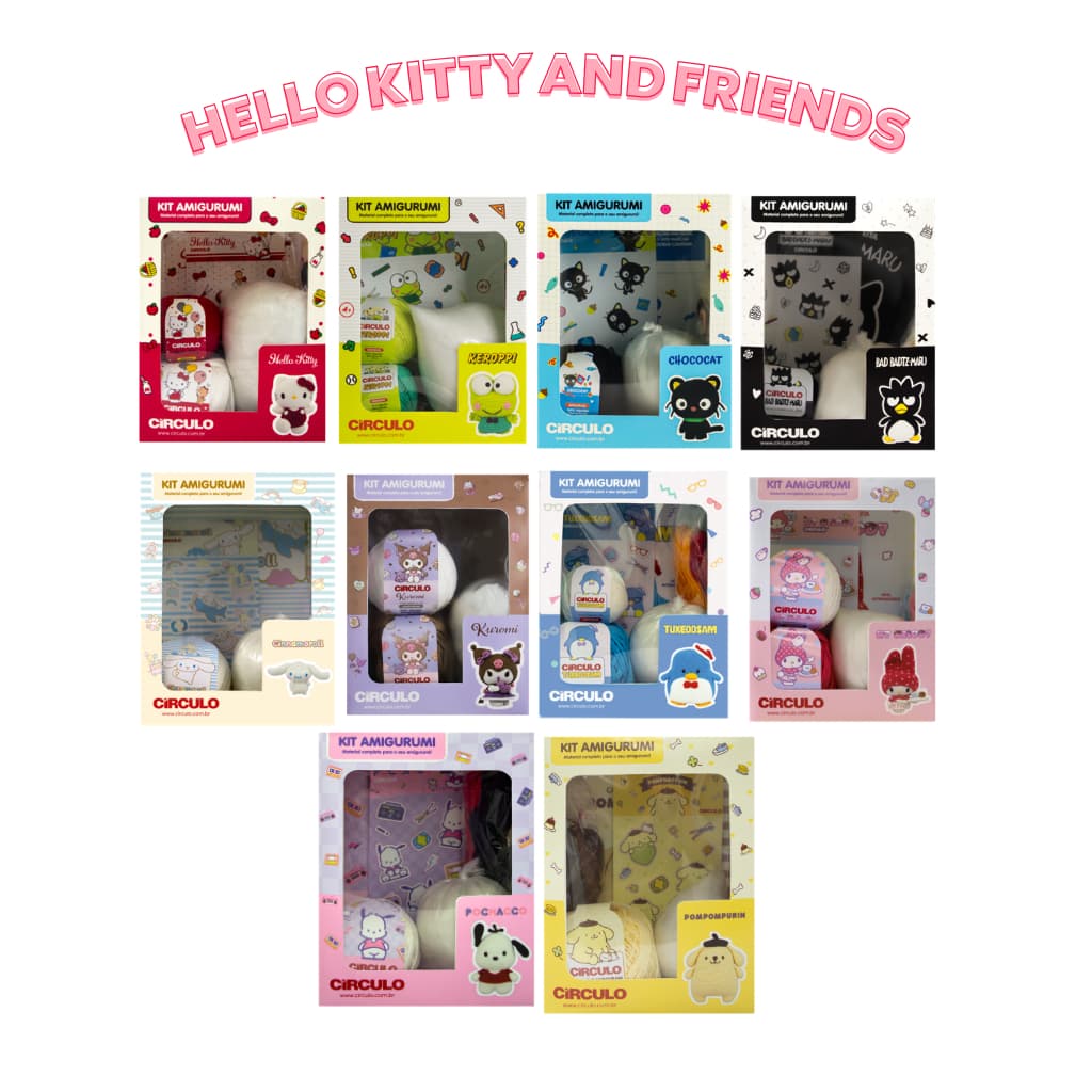 Kit Amigurumi Coleção Hello Kitty and Friends Crochê Círculo Hello Kitty/Keroppi/Chococat