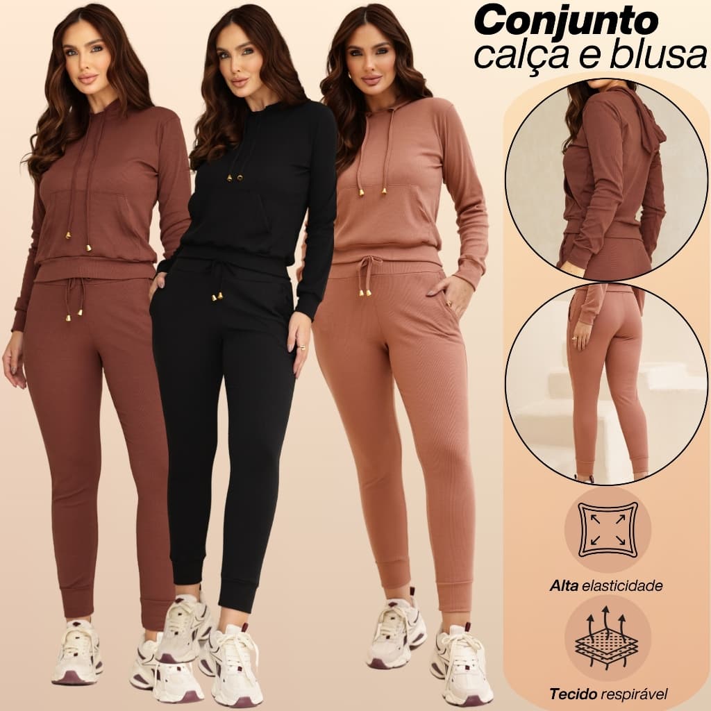Conjunto Feminino Calça Jogger e Blusa Canguru C Capuz Tipo Moletom Para o Frio Inverno C Lycra