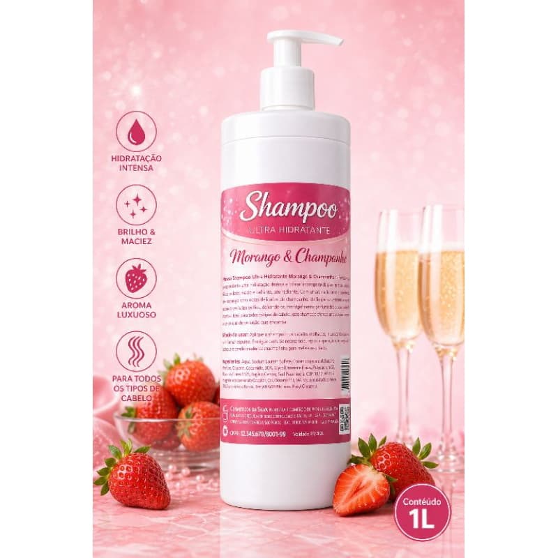 Shampoo hidratante morango e champanhe 1litro.