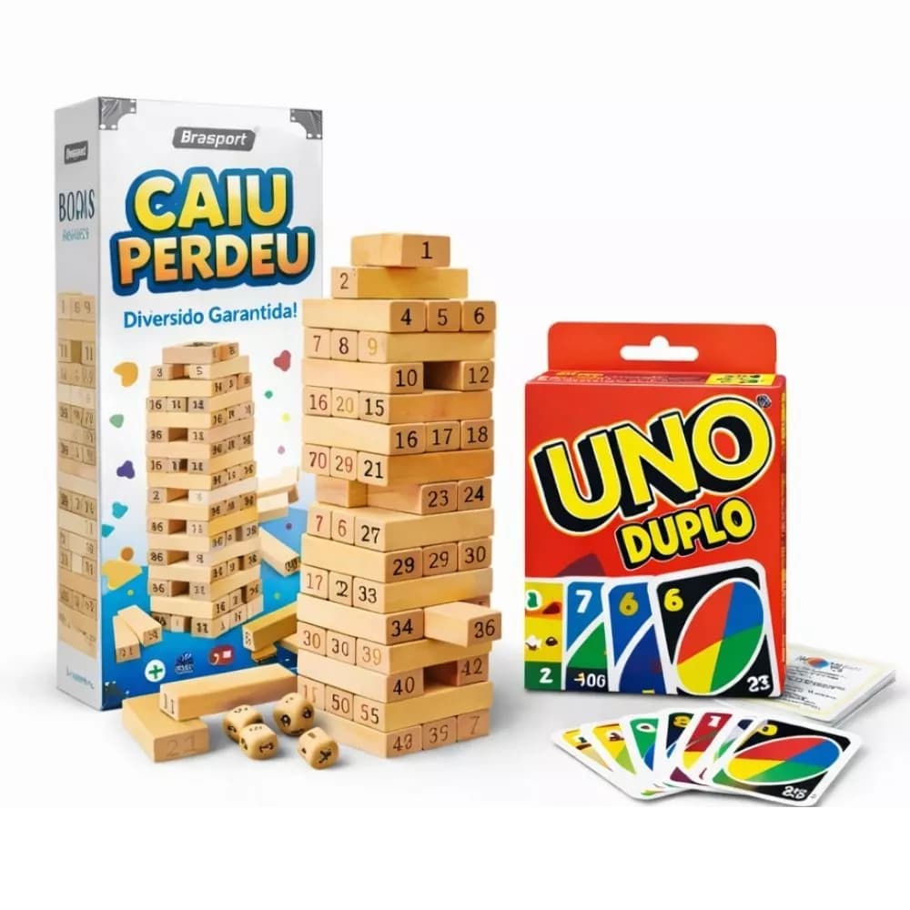 Kit 2 Jogos Uno + Torre Caiu Perdeu 54 Peças Brinquedo Educativo Diversão Para Toda Família