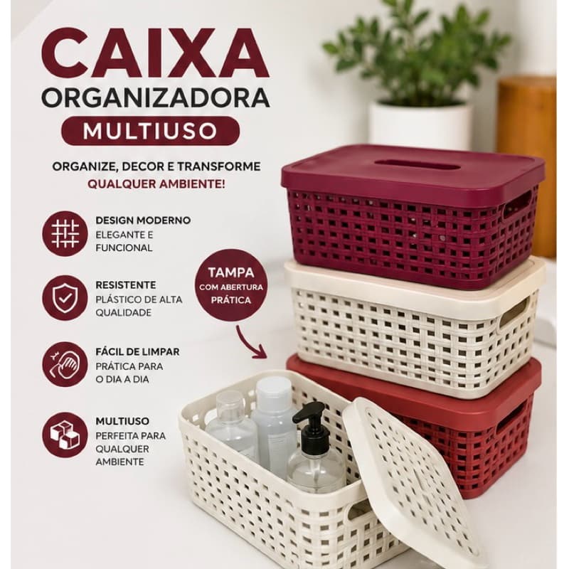 Caixa Organizadora Multiuso com Tampa | Cesto Organizador para Banheiro, Cozinha e Escritório