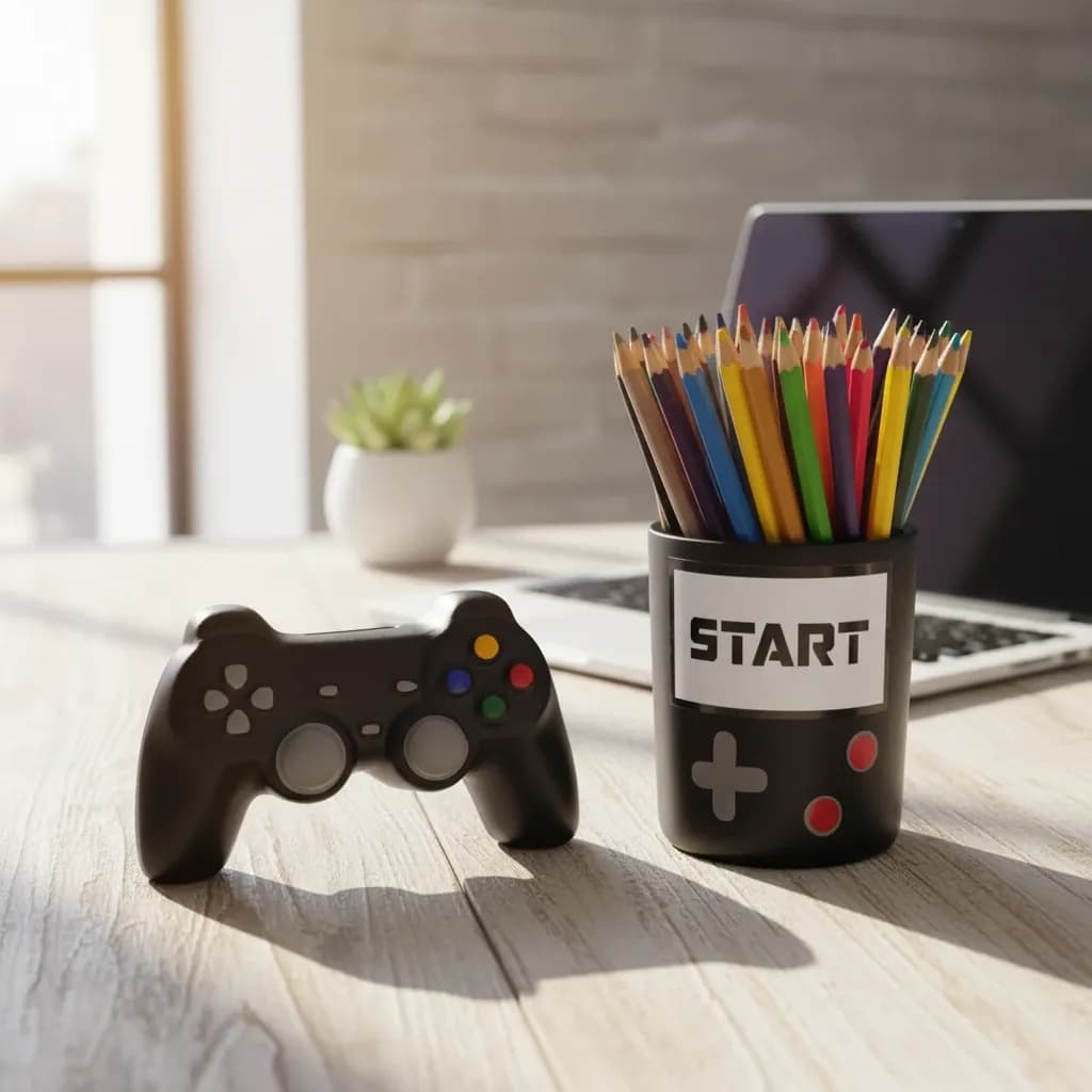 Kit 2 Pç Video Game Cofre Controle Pote Porta Lapis - Preto ou Cinza