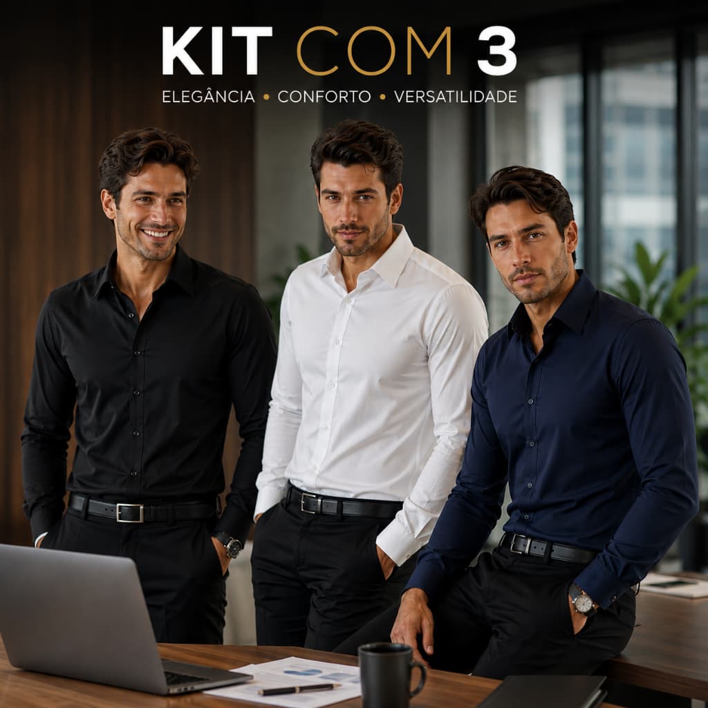 Kit 3 Camisa Social Masculina Elegante Tradicional Microleve Slim Fit Manga Longa Colarinho Bolso