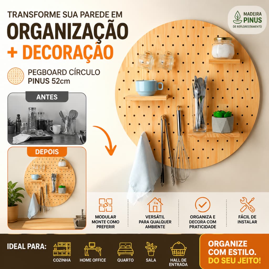Painel Decorativo Organizador de Parede 52cm em Pinus | Com Prateleiras e Suportes