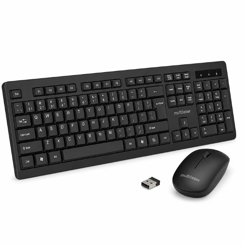 Kit Teclado e Mouse Sem Fio Multilaser TC670 ABNT2 2.4GHz USB Preto com Teclado Numérico