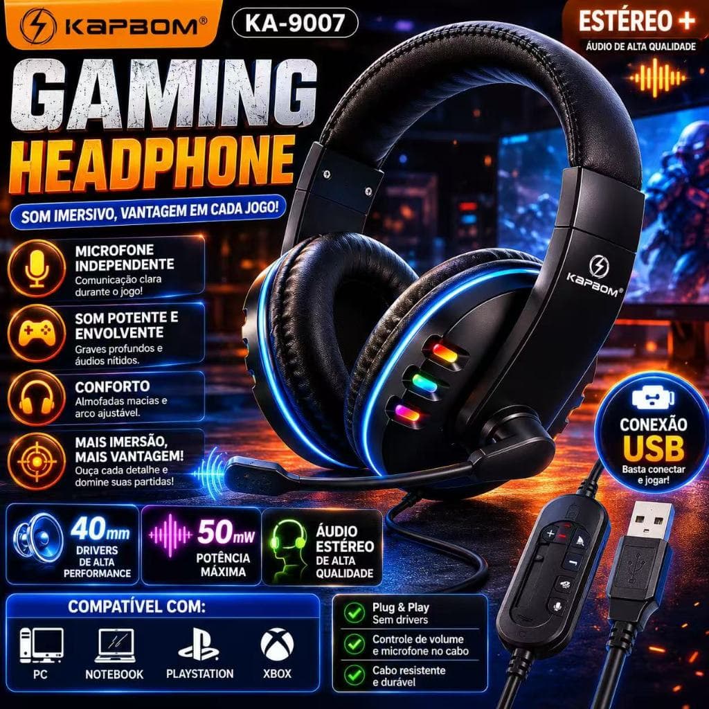 Fone Headset Gamer com Fio e Microfone Estéreo LED Ajustável Conexão USB OU P2 Para PC Notebook game