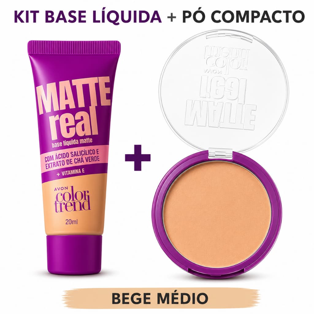 Kit Maquiagem Avon Matte Real Base Líquida 240N + Pó Compacto 132Q Bege Médio FPS10