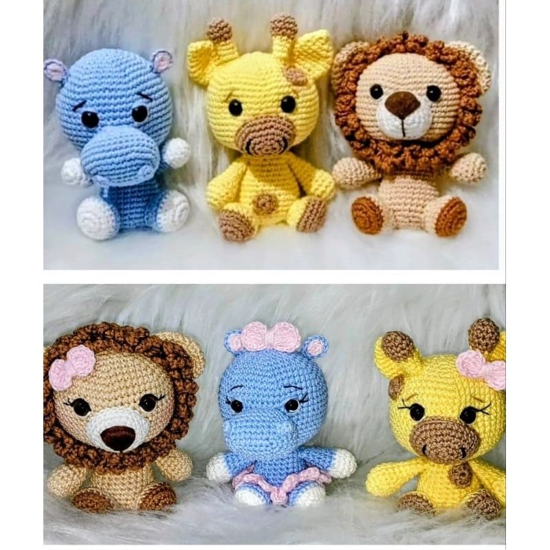 kit Safari Baby - Girafa - Leão e hipopótamo em Crochê - Artesanato Amigurumis com laço e sem laço