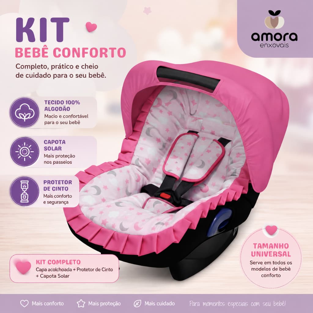 Kit Capa Bebê Conforto Acolchoada com Protetor de Cinto e Capota Solar Universal