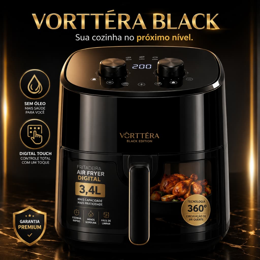 Air Fryer Digital Startools Vorttéra Black Edition 3,4L Sem Óleo Painel Touch 127V Cozinha Rápida Premium