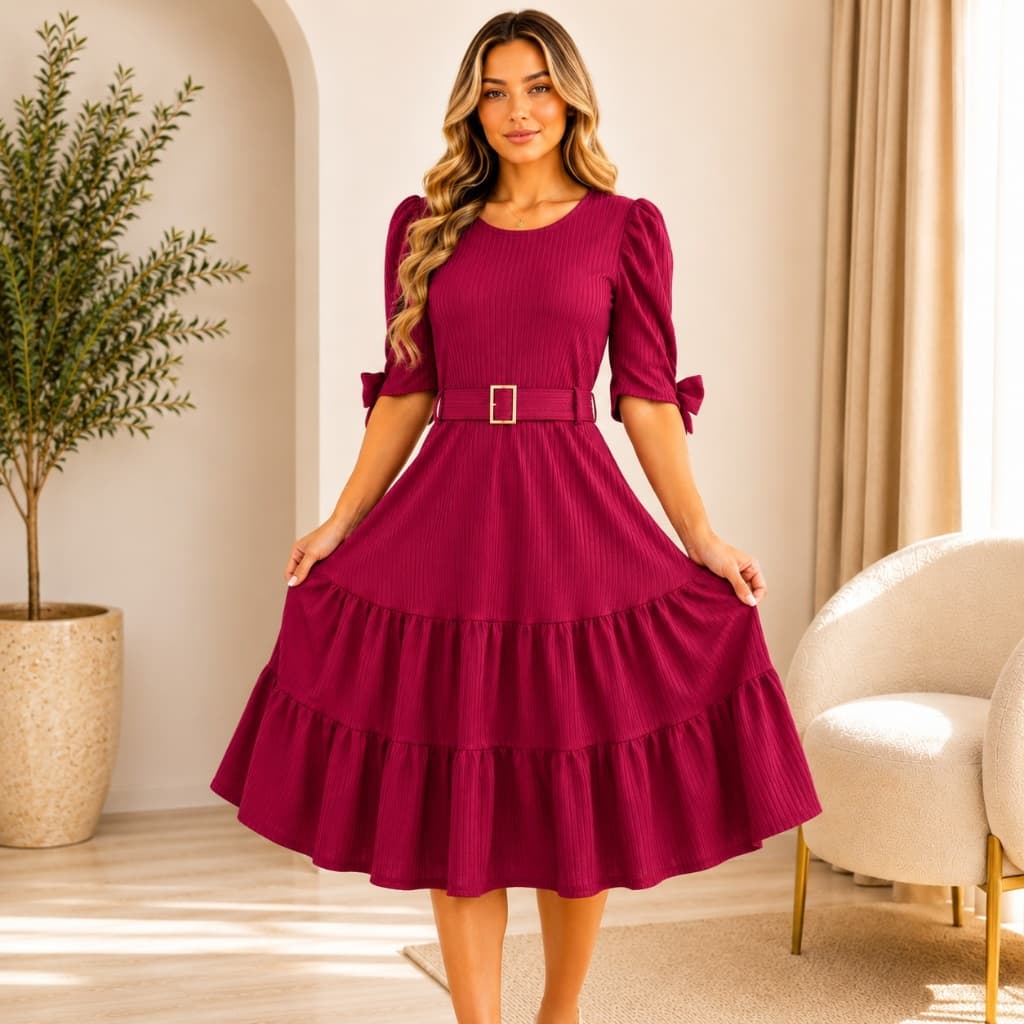 Vestidos Midi 3 Marias com Manga Bufante, Cinto Forrado Malha Canelada