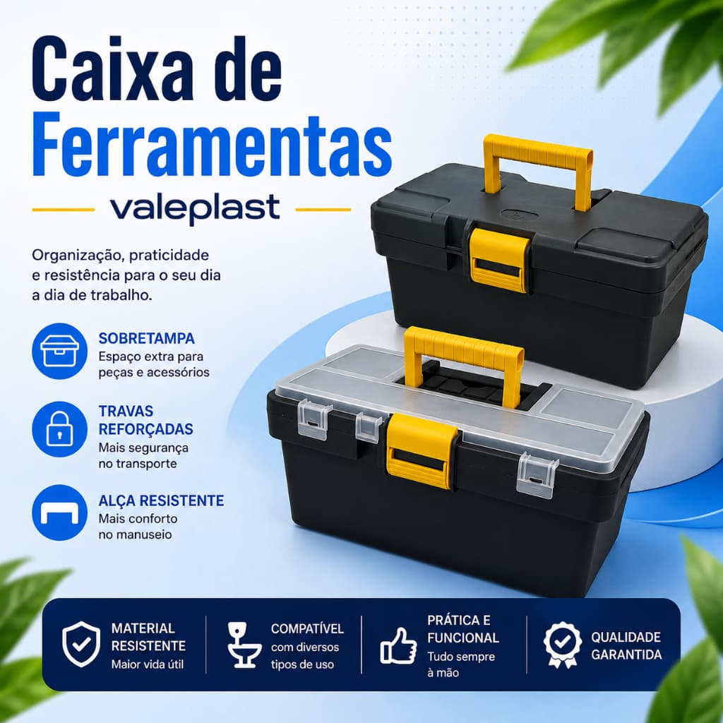 Caixa de Ferramentas Plástica Organizadora Reforçada Multiuso Maleta com Bandeja Preta para Ferramentas
