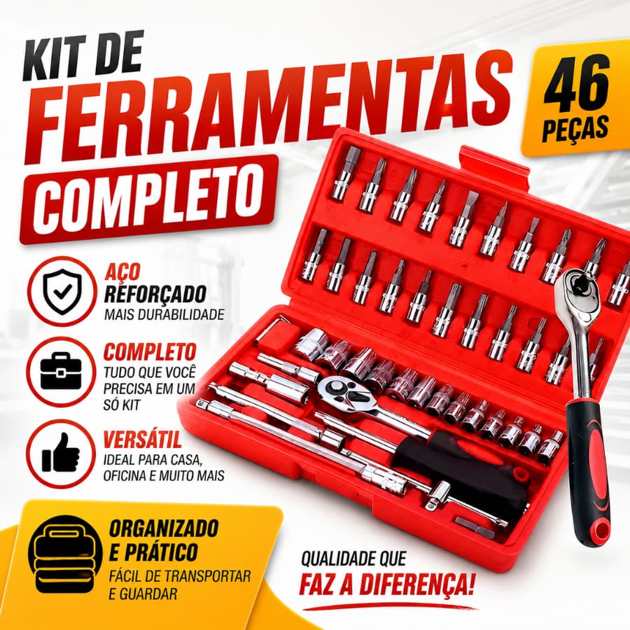 Maleta Kit Jogo De Ferramentas 46 Peças Completo Soquetes Chave Catraca Reversível