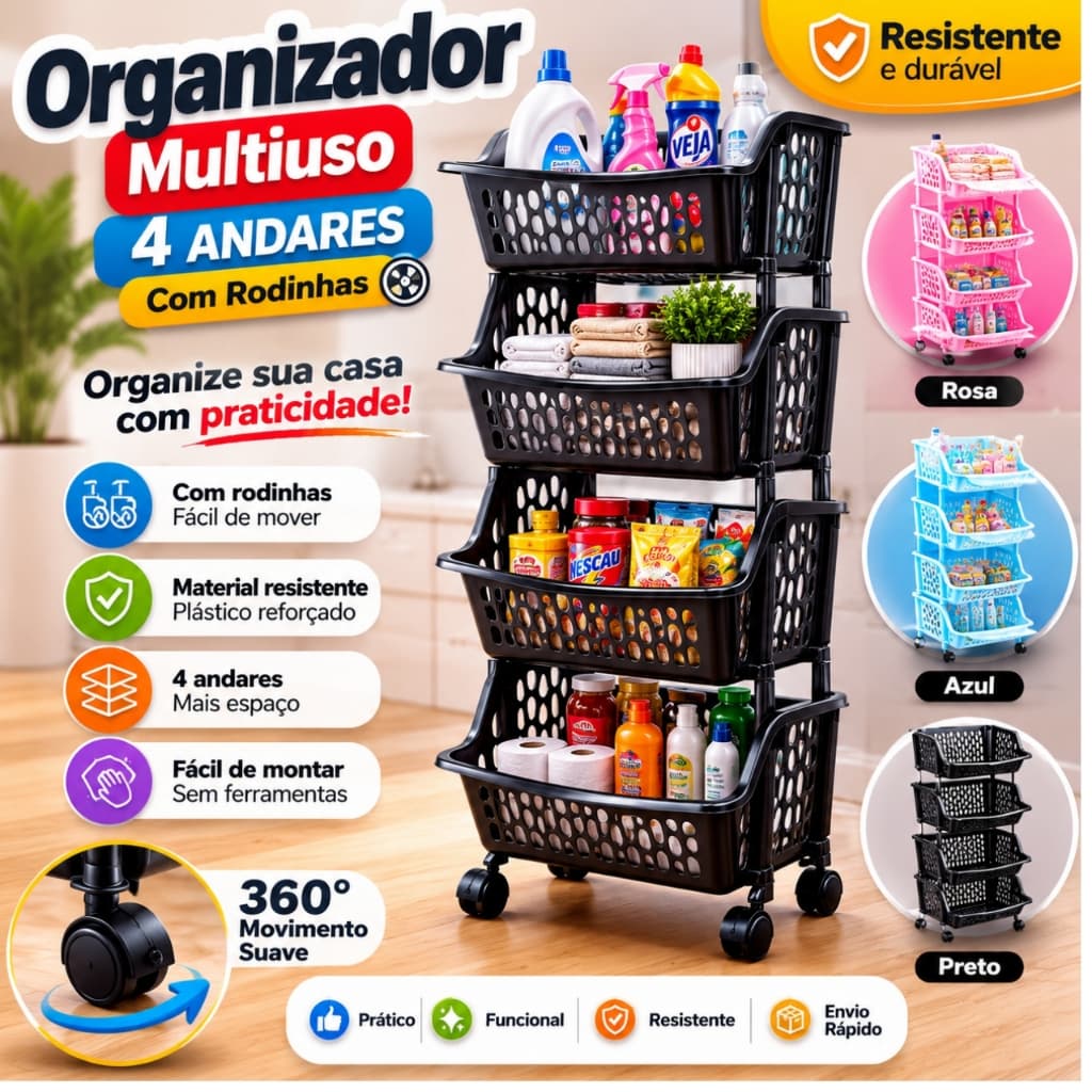 Carrinho Organizador 4 Prateleiras Com Rodas Multiuso  Cozinha Banheiro Lavanderia e quarto de bebe
