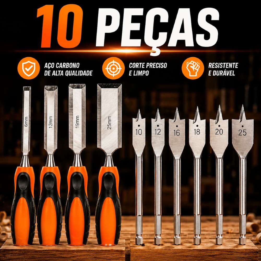 Kit 10 Peças Broca Chata Formão Tamanhos 6 a 25mm Completo, Aço Carbono, Corte Longo Profissional para Madeira