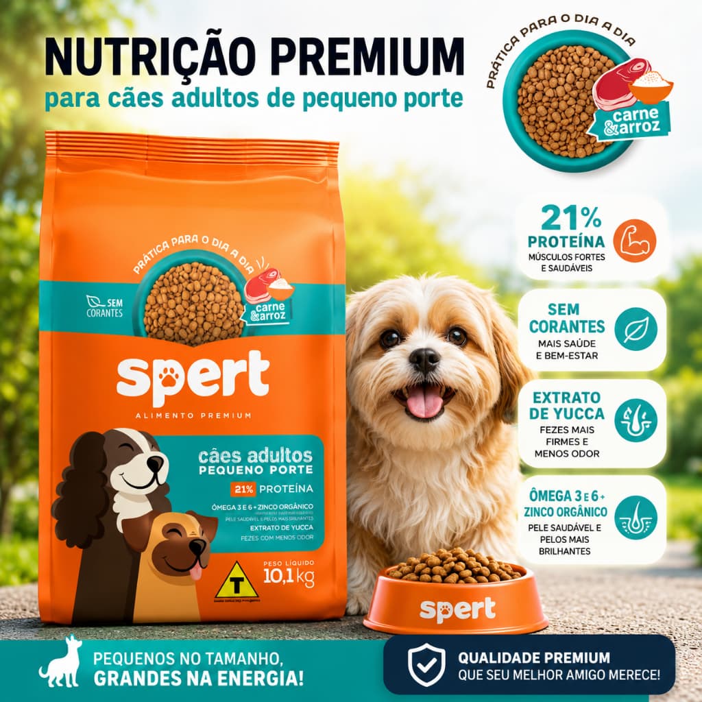 Ração Spert Cães Adultos Pequeno Porte 10,1kg - Sabor Carne e Arroz - Ração Premium 21% Proteína