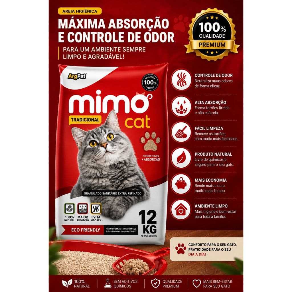 Areia Sanitária para Gatos - MimoCat Tradicional Embalagem Econômica– Antiodor, Alta Absorção 12kg