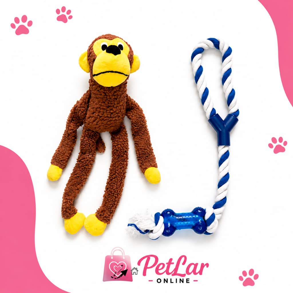 Kit Resistente Brinquedo Cachorro Grande Macaco Pelúcia + Corda Mordedor Super Resistente