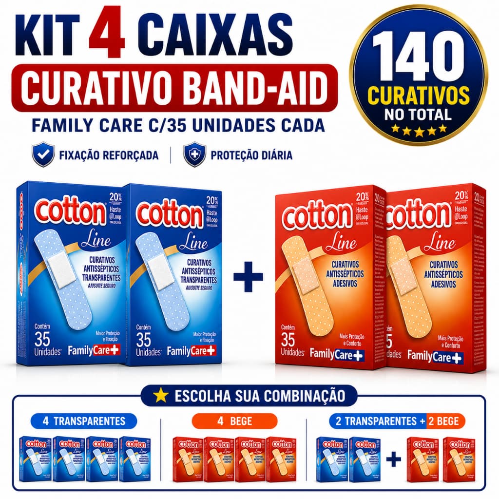 KIT 4 CAIXAS CURATIVO BAND-AID FAMILY CARE C/35 UNIDADES CADA ALTA PROTEÇÃO E FIXAÇÃO PRONTA ENTREGA