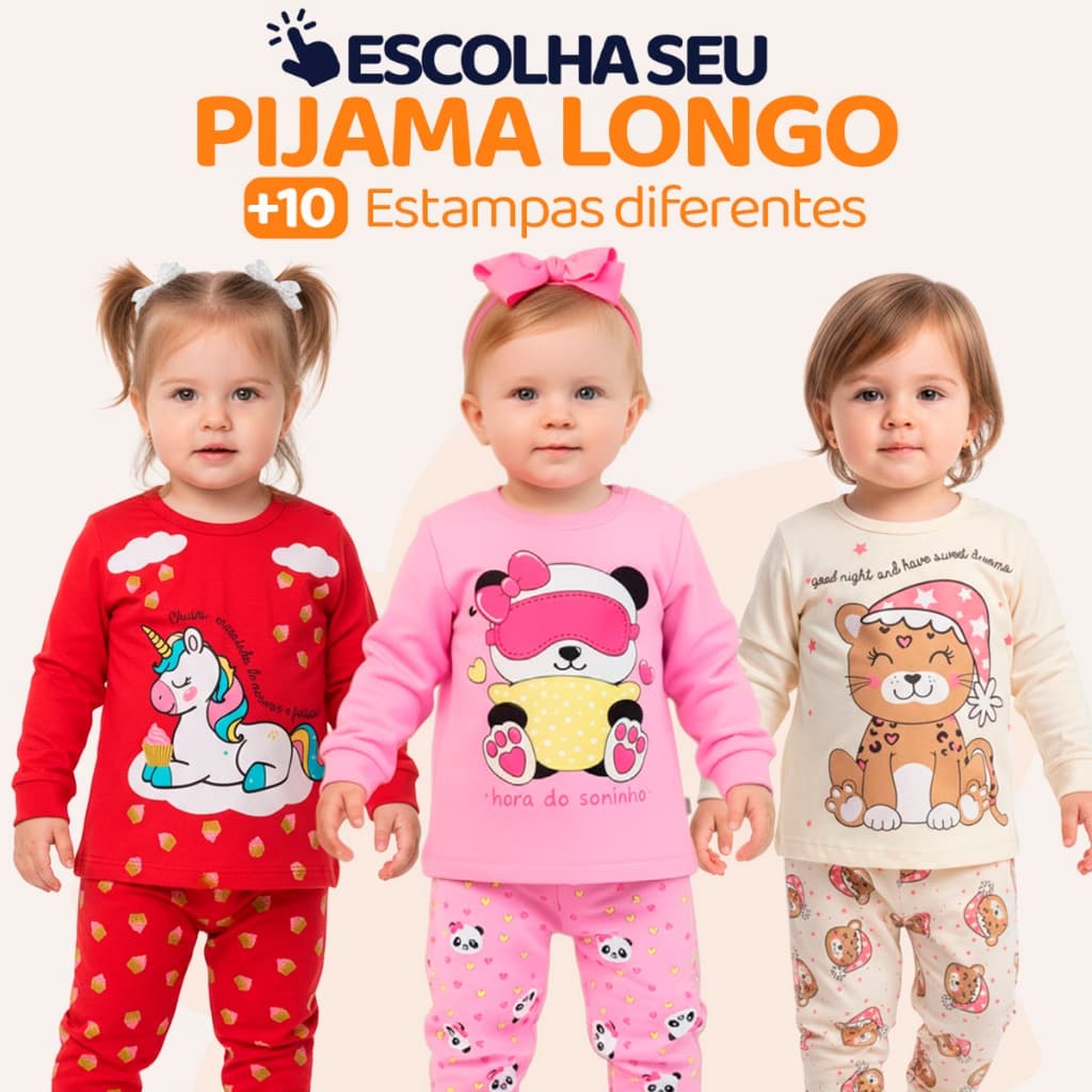 Pijama Infantil Bebe Menina Manga Longa Escolha Seu Modelo, Estampas Fofas e Conforto Infantil Feminino Frio Inverno l03