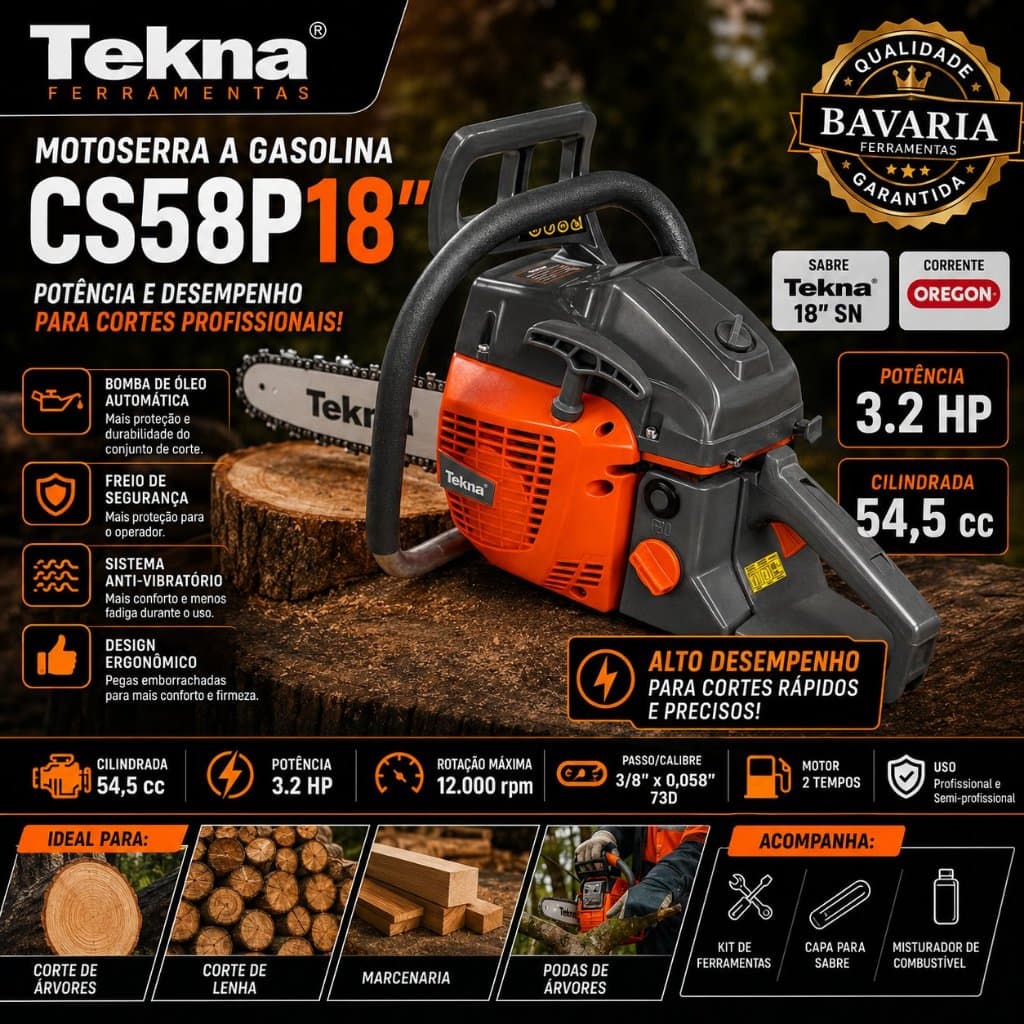 Motosserra Tekna CS58P18 54,5cc 3,3HP Sabre 18 Corrente Oregon