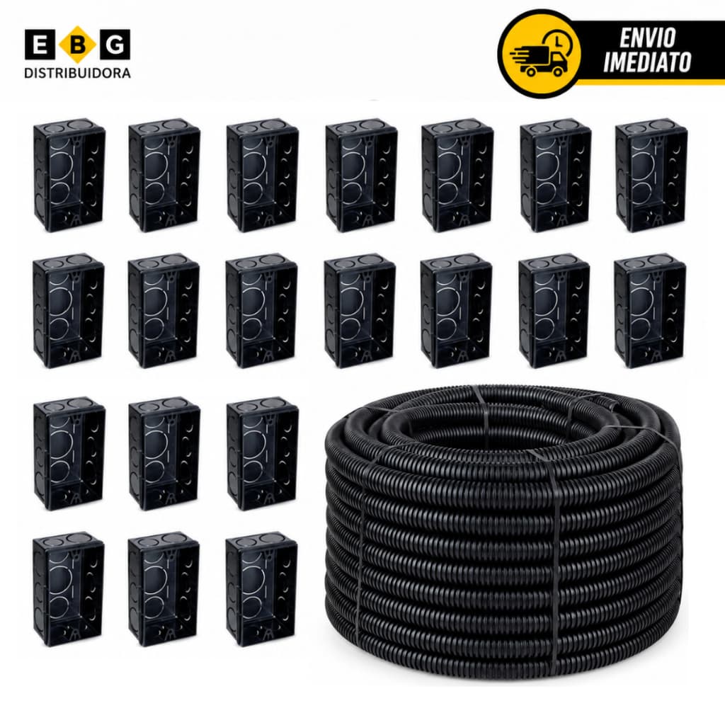 Kit 50 Metros Conduíte Eletroduto Corrugado 3/4 + 20 Caixa De Luz Caixinha 4x2 Embutir Preto