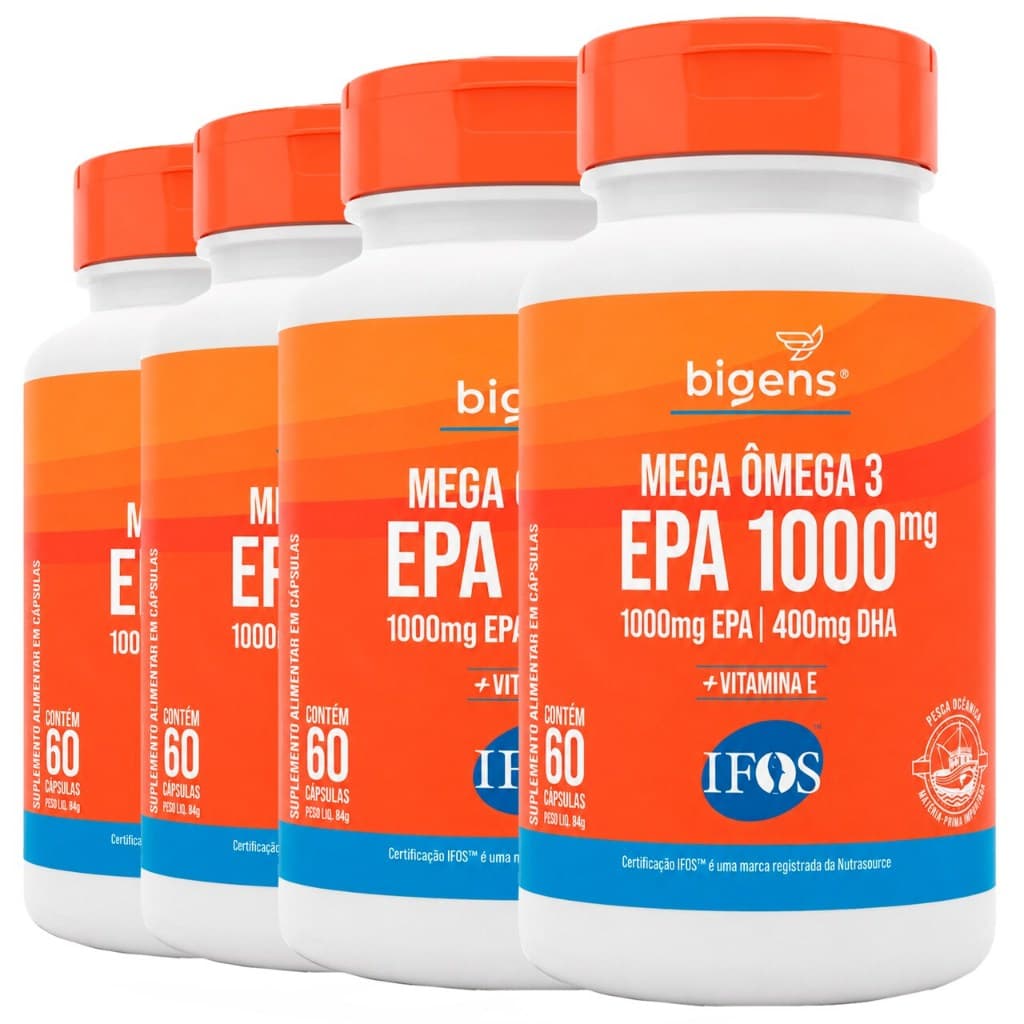 Bigens Kit 4x Mega Omega 3, EPA 1000mg DHA 400mg, com vitamina E, Certificado IFOS, 60 cápsulas