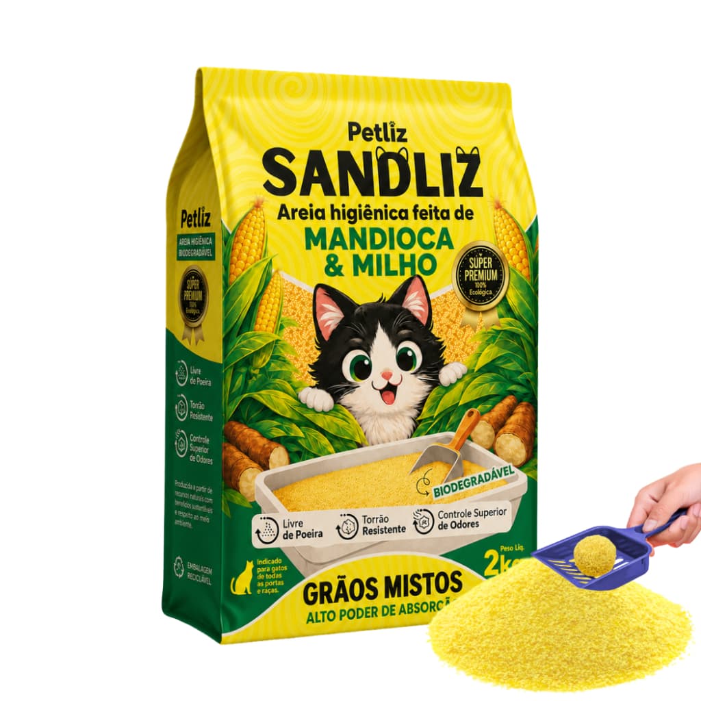 Areia Sanitária Higiênica Natural Premium Grãos Mistos de Milho e Mandioca Gatos Sandliz Petliz 2 kg