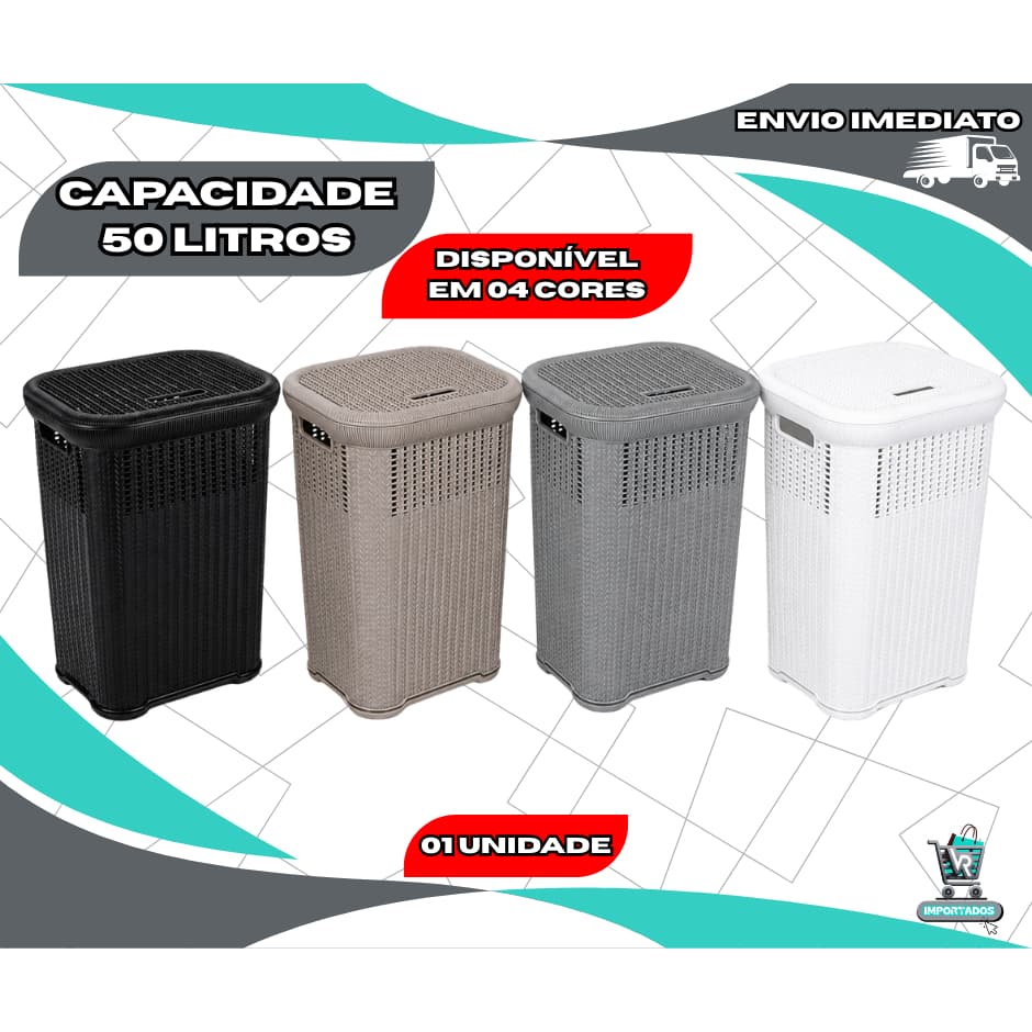 Cesto Organizador Roupa Suja Telado Rattan 50 Litros Tampa Banheiro Lavanderia Reforçado Resistente