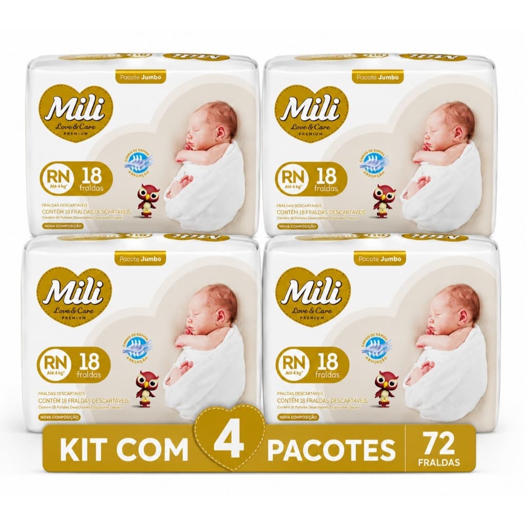 Kit Com 4 Fraldas Rn Mili Love Care Premium C/18 Unidades  Recém nascido