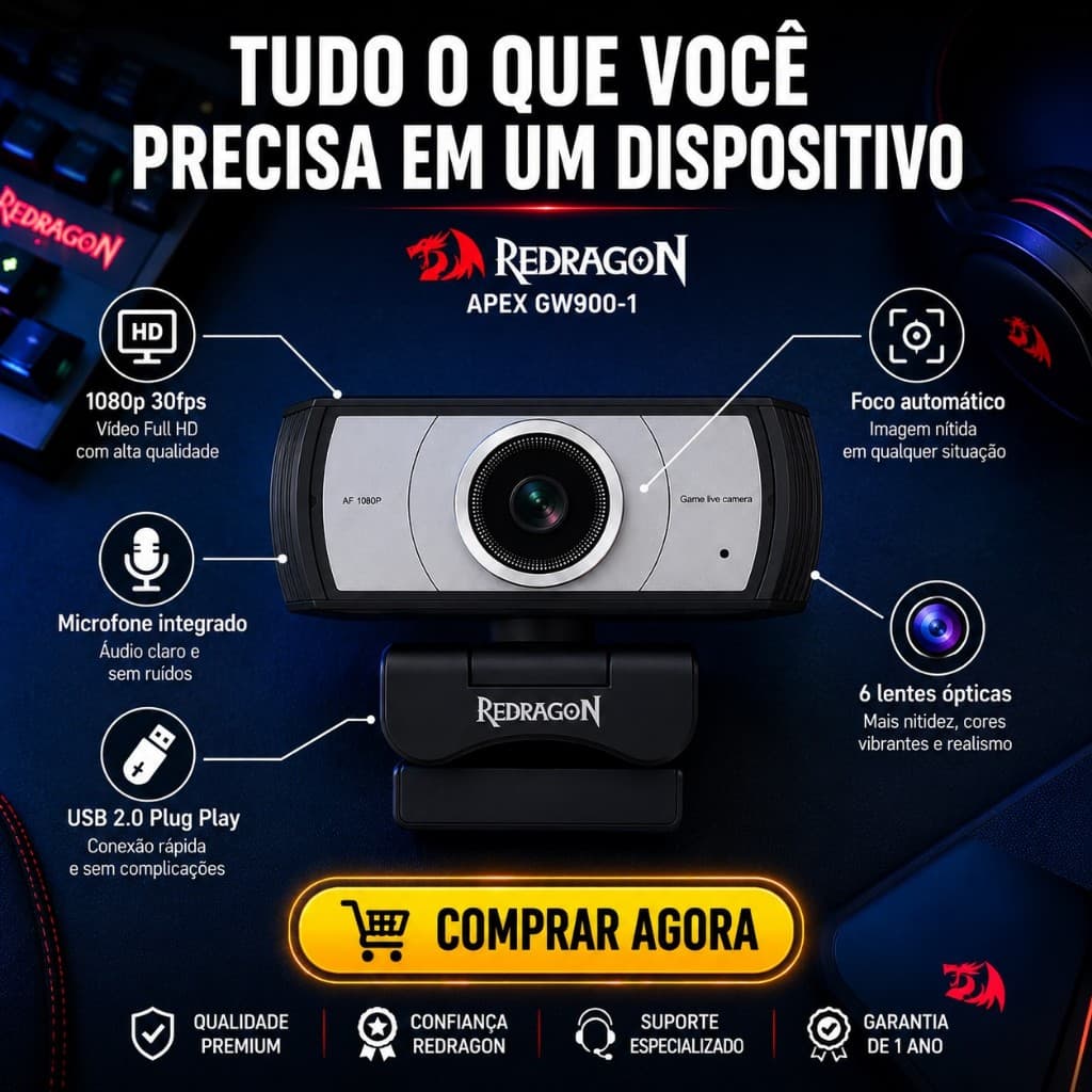 Webcam 1080p Redragon Apex GW900-1 Incrível USB Streaming Premium Full HD Prática Plug Play