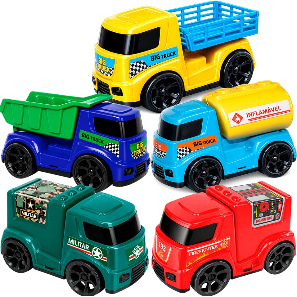 Kit 5 Carrinhos Amar é Brinquedo Menina e Menino, Bombeiro, Tanque, militar, Carroceria, Caçamba