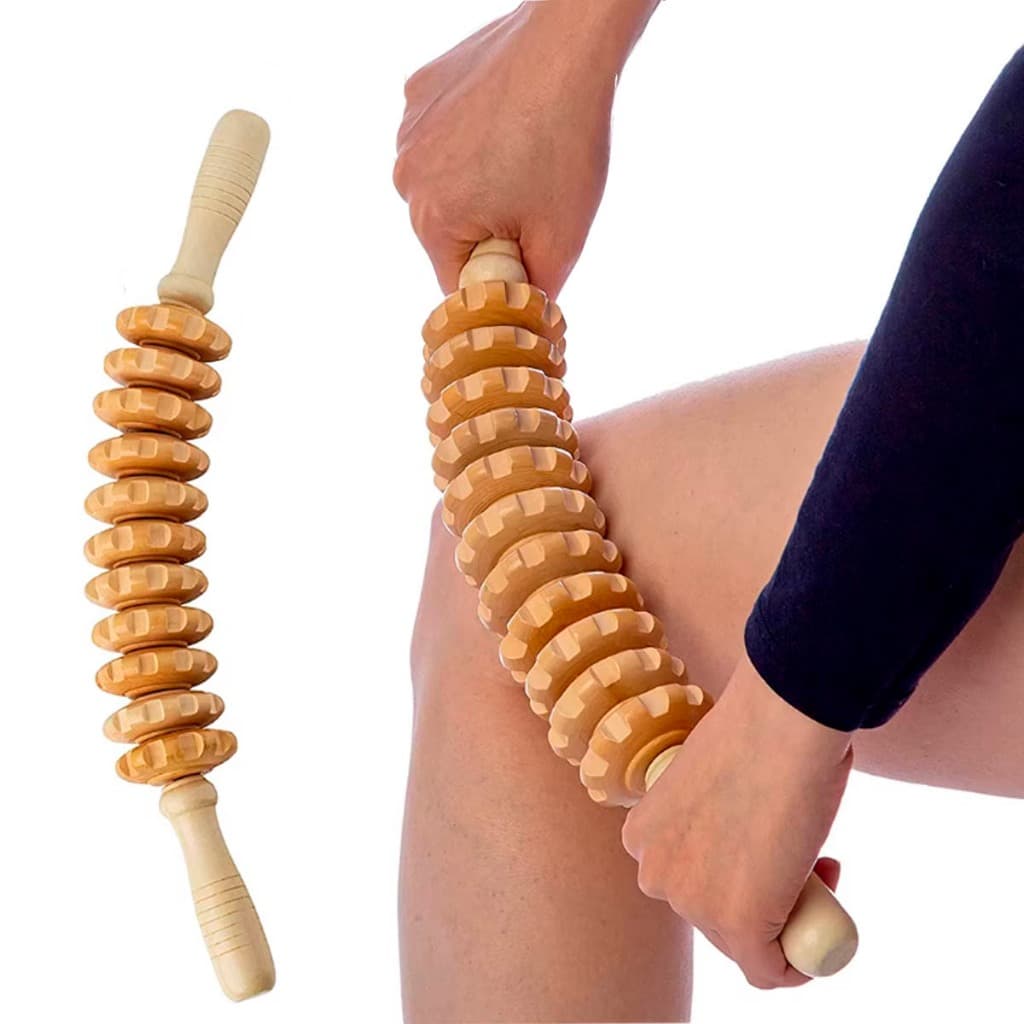 Rolo Massageador Curvo Corporal de Madeira com 11 Rodas Relaxante Muscular Massagem Linfática
