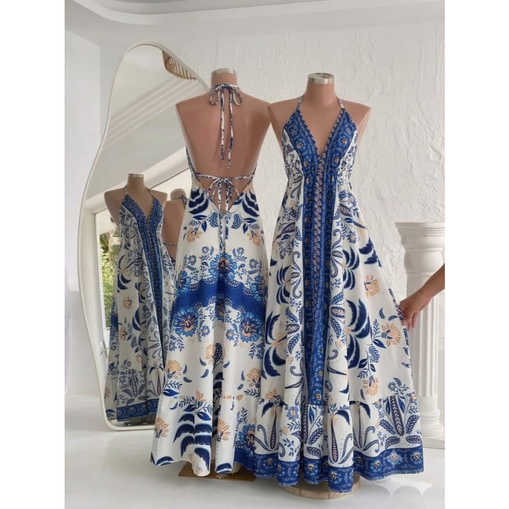 Vestido Longo Feminino Estampado Estilo Indiano Frente Ùnica e Costas Nua Elegante