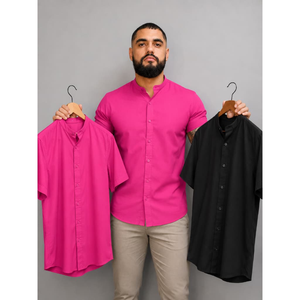Camisa Gola Padre Masculina Slim Manga Curta Preta e Rosa Social De Botão Com Tecido Texturizado