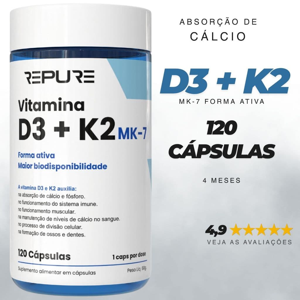 Vitamina D3 + K2 MK7 2.000UI + 149mcg Premium 120 Cápsulas Colecalciferol Menaquinona-7 Pura e Ativa