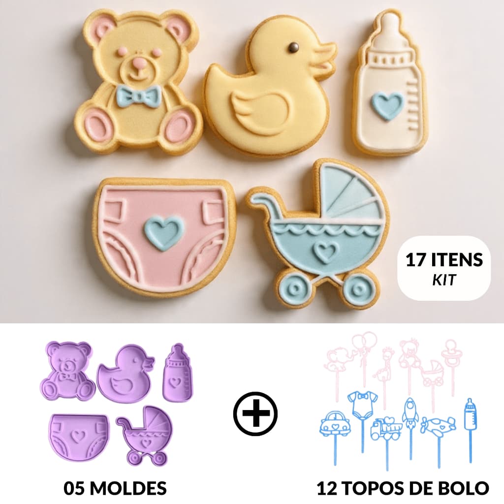 KIT MOLDE CORTADOR DE BISCOITO e MASSINHA DE MODELAR E TOPO DE BOLO PARA CHÁ DE BEBÊ ou CHÁ REVELAÇÃO